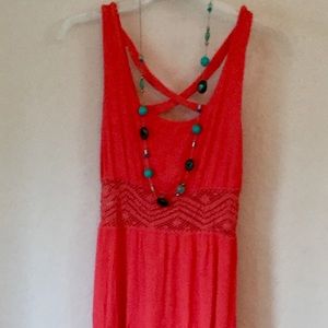 Beautiful Coral Maxi Dress, mesh waist